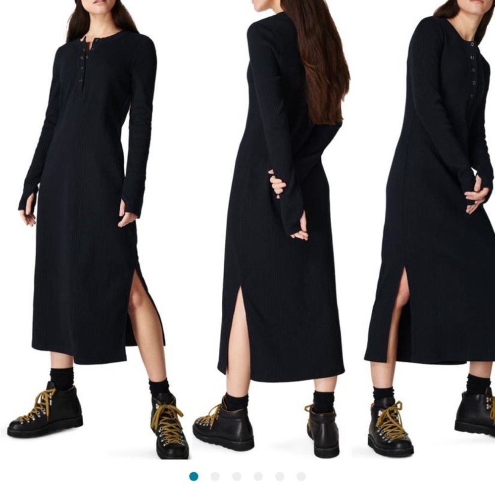 NWT Sweaty Betty Henley Long Sleeve Ribbed Midi Dress Black Size XS